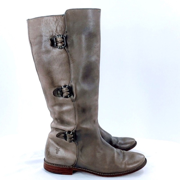 Frye Shoes - FRYE Womens Tall Riding Boot Paige Grey Leather Buckle Boot Distressed Sz 9